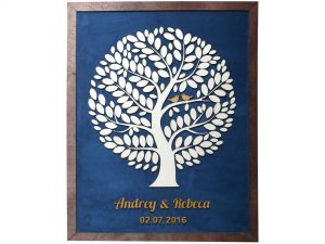 Cuadro para firmas y mensajes de boda modelo Yuri con lienzo entela azul y marco nogal. Detalles decorativos en blanco y dorado.